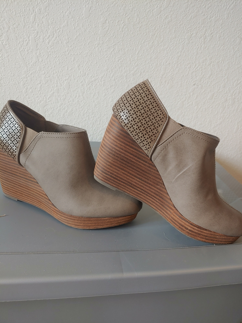Skechers Taupe Wedge Booties with Stacked Wood-Look Heel